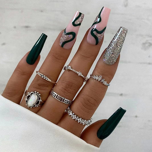 Tackle This Long Coffin Green Glam Press On Nails