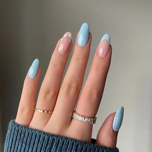 Attention Short Oval Blue Beach Press On Nails