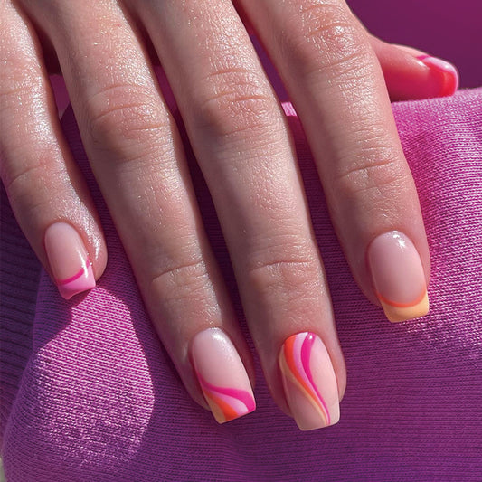 80s Sponsored Long Square Pink Groovy Press On Nails