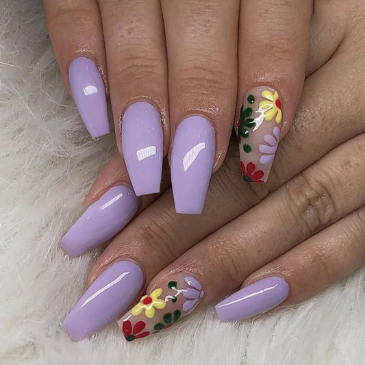Off The Cliff Long Coffin Purple Floral Press On Nails
