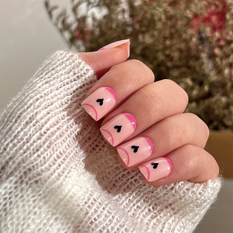 In Your Black Heart Short Square Pink Hearts Press On Nails