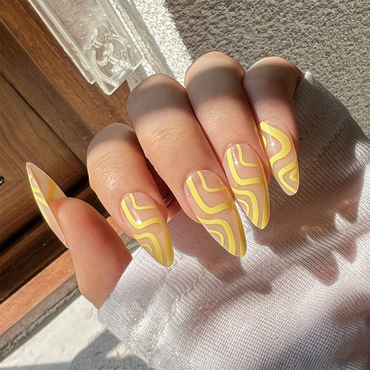 Fresh Lemon Scent Long Almond Yellow Abstract Press On Nails