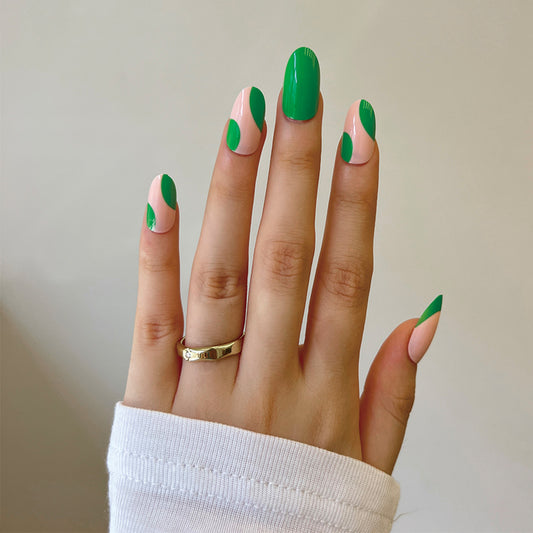 Mow The Lawn Long Oval Green French Tips St. Patrick's Day Press On Nails