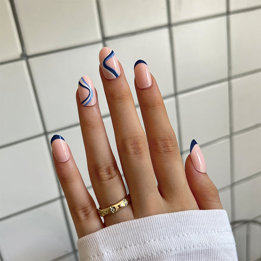 Super Funky Short Oval Blue French Tips Press On Nails
