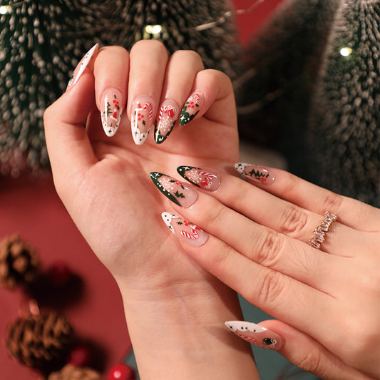 Deck The Halls Long Almond Green Holiday Press On Nails