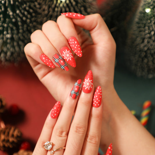 Gift Exchange Long Almond Red Holiday Press On Nails