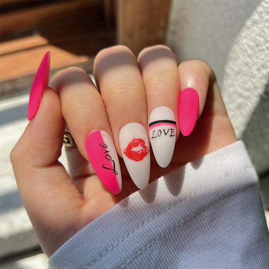 Pucker Up Long Almond Pink Valentine's Day Press On Nails