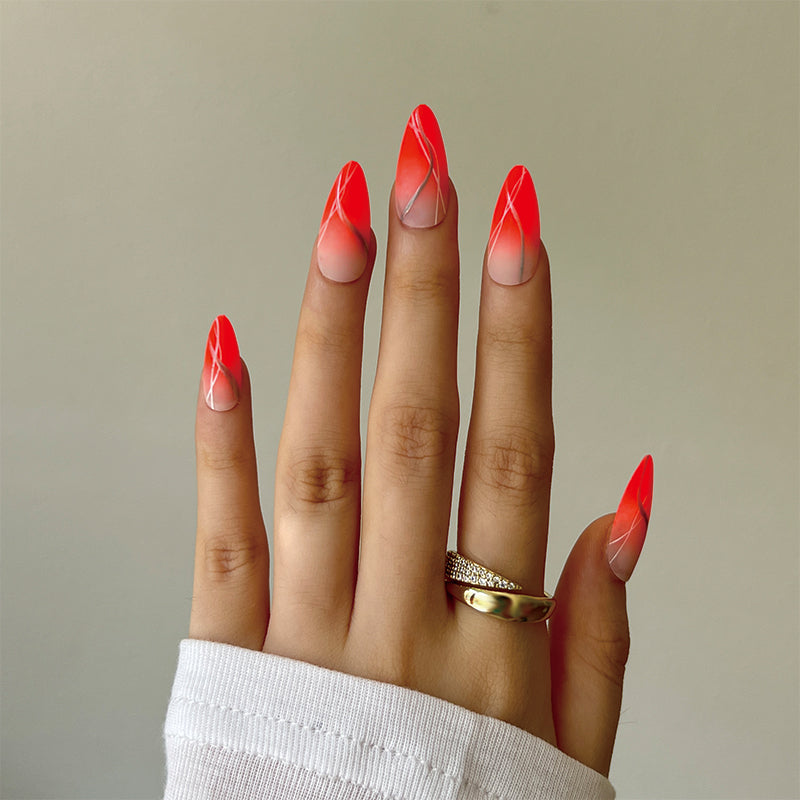 Silver Wisp Long Almond Red Pattern Press On Nails