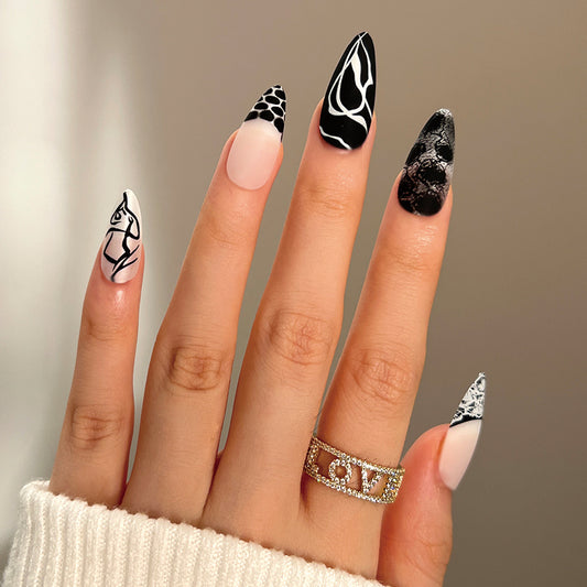 Watch Your Back Long Almond Black Bold Press On Nails