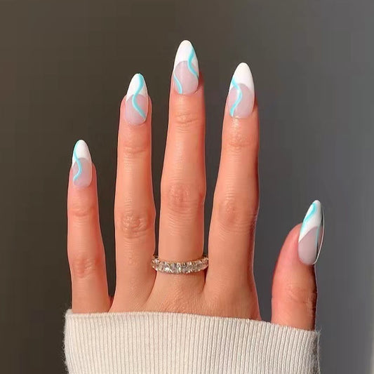 Blue Vapor Long Almond Blue Pattern Press On Nails