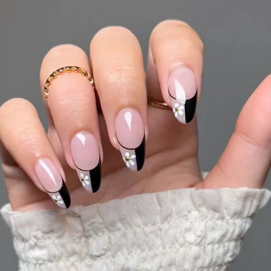 Dress Me Up Long Almond Black French Tips Press On Nails