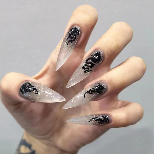 Light Me On Fire Long Almond Black Bold Press On Nails