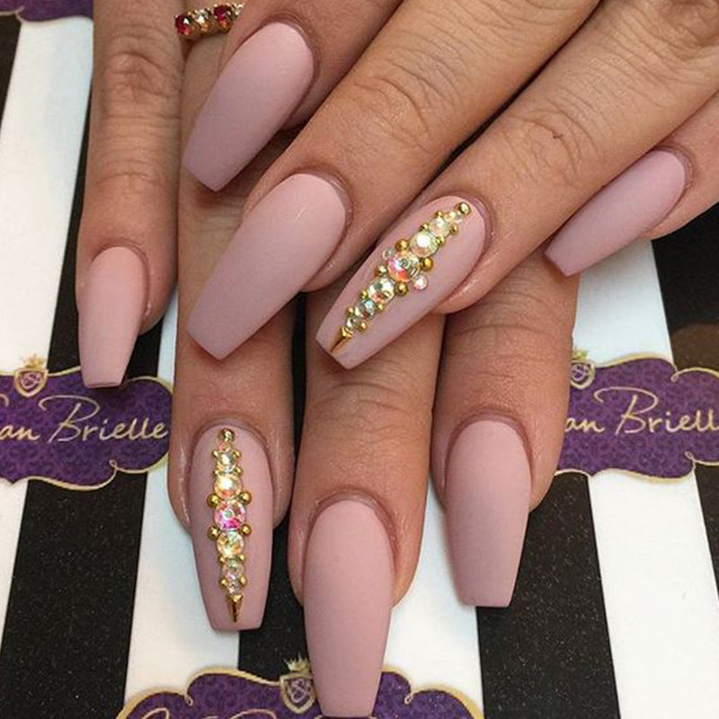 Glamorous Elegance Extra Long Pink Matte Coffin Press On Nails with Glamorous Rhinestone Design