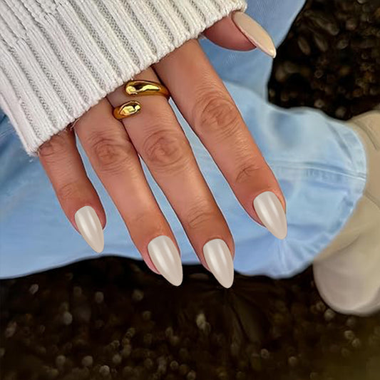 Elegant Fantasy Medium Almond Shaped Beige Press On Nail Set with Glossy Finish