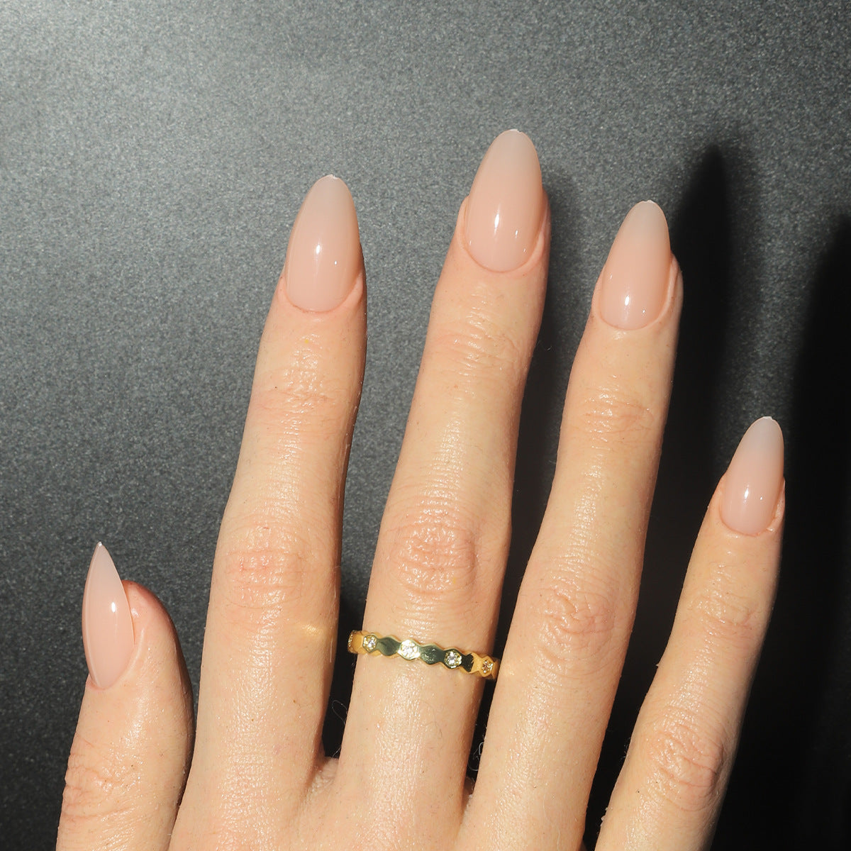 Elegant Dreams Medium Almond Shaped Beige Press On Nail Set with Glossy Finish