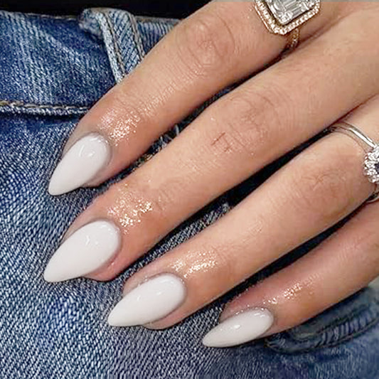 Glamorous Elegance White Medium Almond Press On Nail Set with a High Gloss Finish