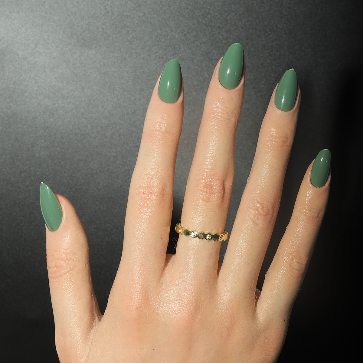 Enchanted Forest Elegant Medium Almond Shaped Olive Green Press On Nail Set with Glossy Finish