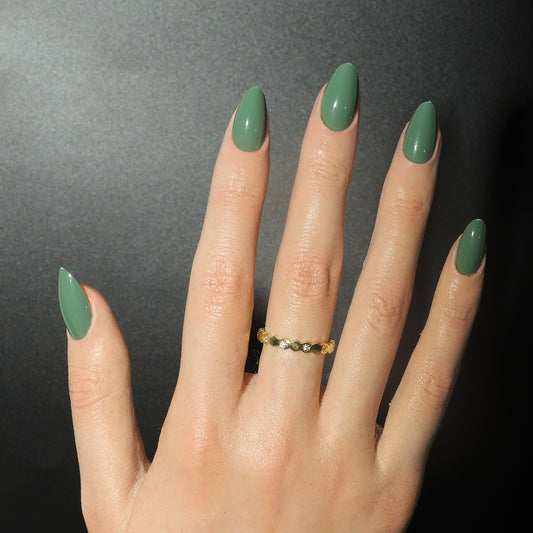 Enchanted Forest Elegant Medium Almond Shaped Olive Green Press On Nail Set with Glossy Finish