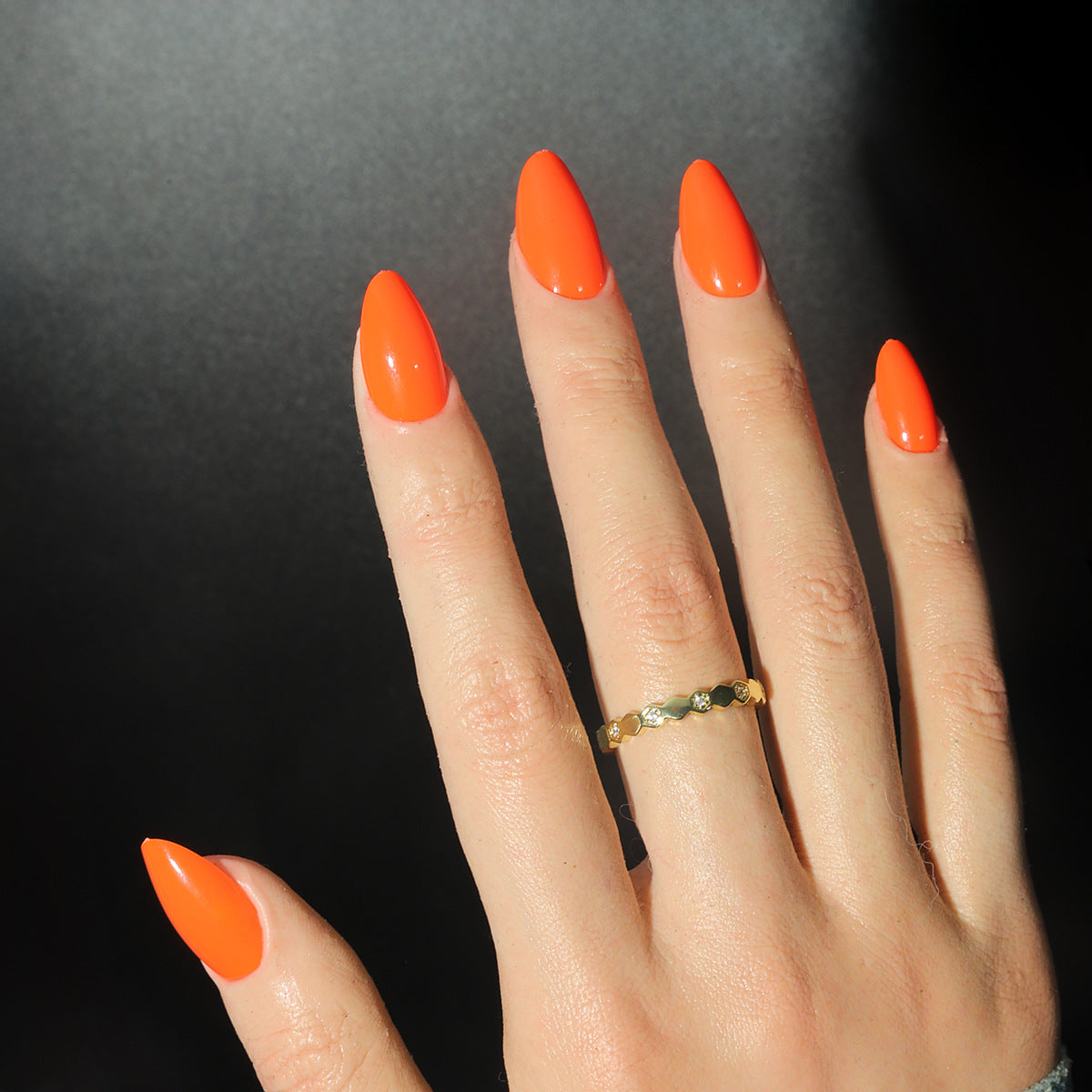 Vibrant Sunset Glossy Medium Almond Shaped Bright Orange Press On Nail Set with Smooth Finish
