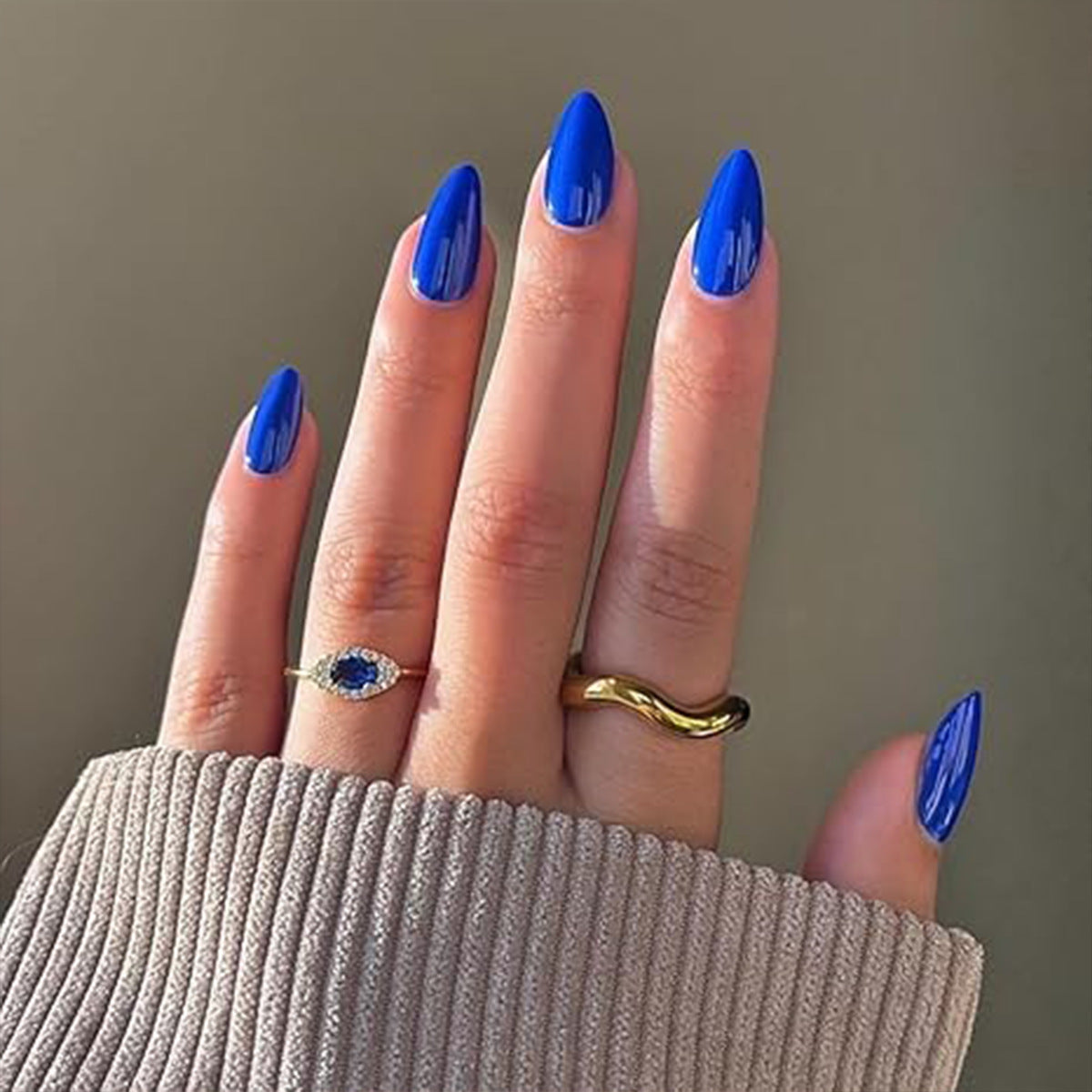 Ocean Dream Extra Medium Almond Glossy Royal Blue Press On Nail Set with Eye-Catching Shine