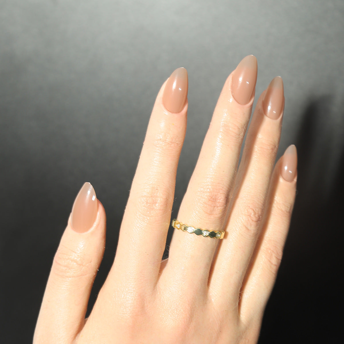 Elegant Glamour Medium Almond Shaped Beige Press On Nail Set with Glossy Finish