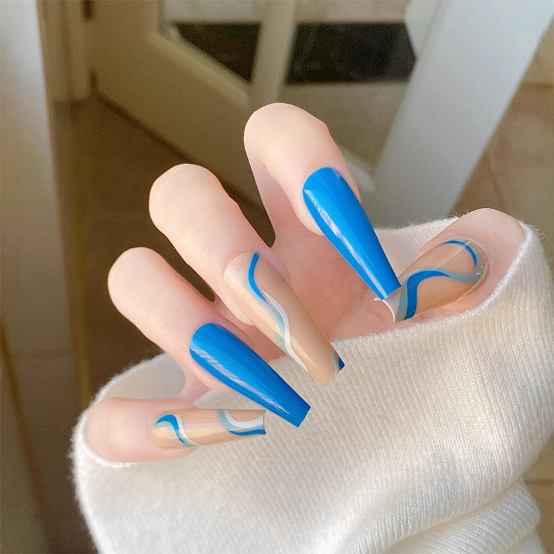 Ocean Breeze Long Coffin Shaped Bright Blue Press On Nail Set with Artistic Swirl Design