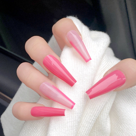 Chic Blossom Long Coffin Elegant Ombre Pink Press-on Nail Set with High Gloss Finish