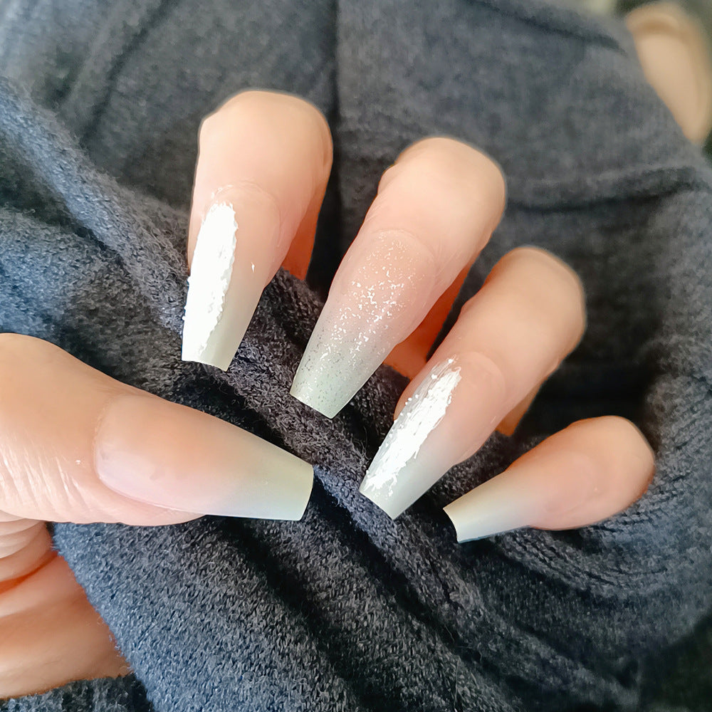 Mystical Frosted Elegance Long Coffin Mint Green Ombre with Iridescent Glitter Press-On Nail Set