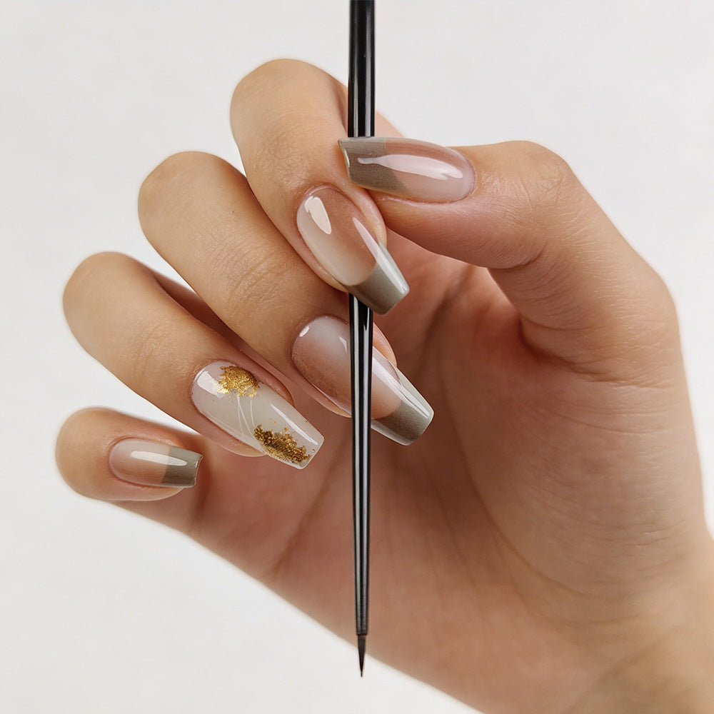 Enchanted Forest Long Coffin Beige and Olive Ombre Press on Nail Set with Golden Floral Accent