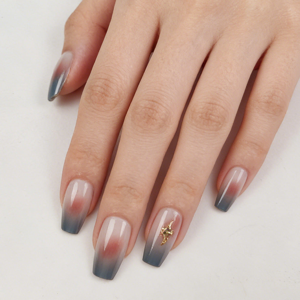 Enchanted Elegance Medium Square Gradient Blue and Pink Ombre Press on Nail Set with Gold Accent