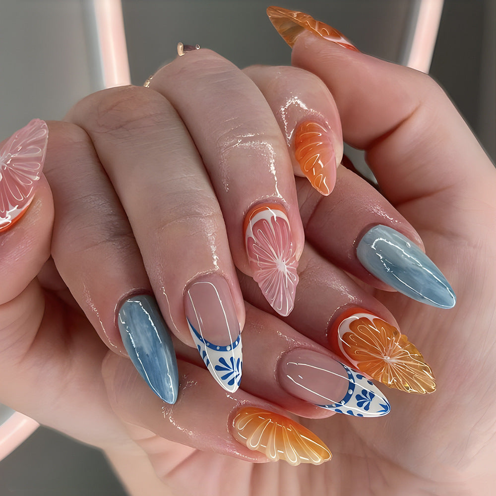 Garden Delight Elegant Long Almond Orange and Pink Floral Design Press On Nail Set