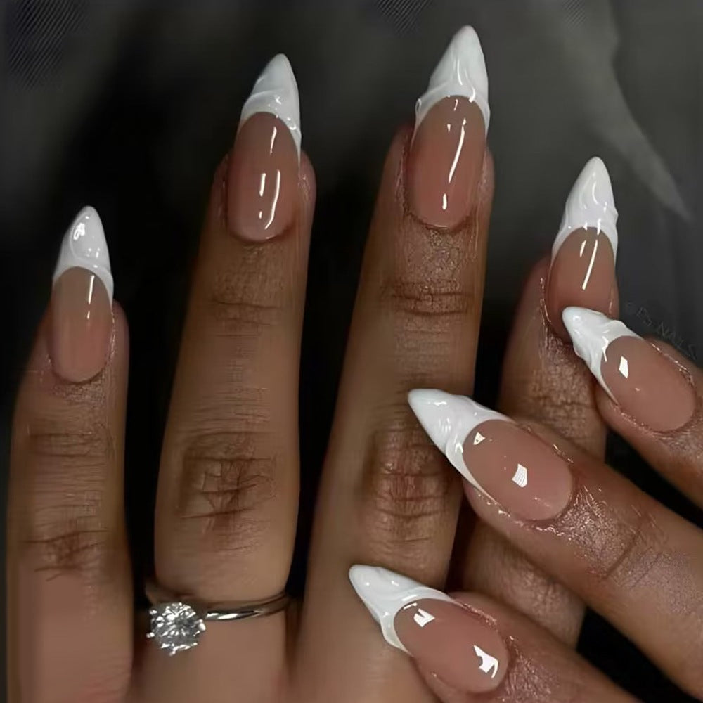 Chic Elegance Medium Stiletto Beige and White Gradient Press On Nail Set with Glossy Finish