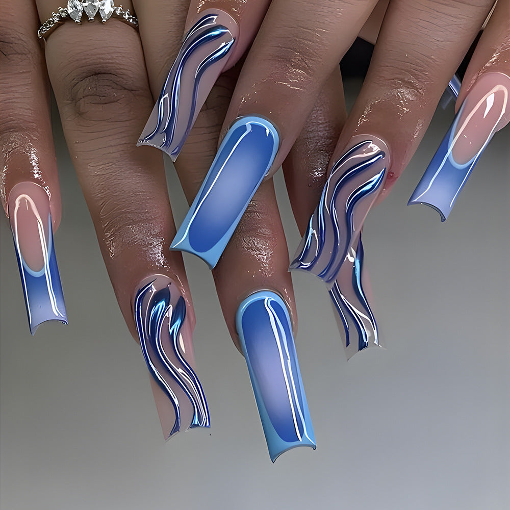 Ocean Wave Inspired Long Square Blue Ombre Press On Nail Set with Stunning Marble Design