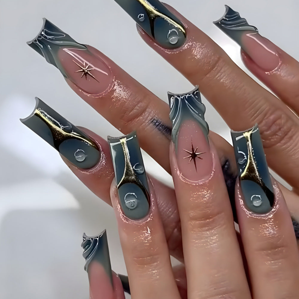 Celestial Dreams Long Square Press On Nails in Ocean Blue with Unique Gold Star Accents