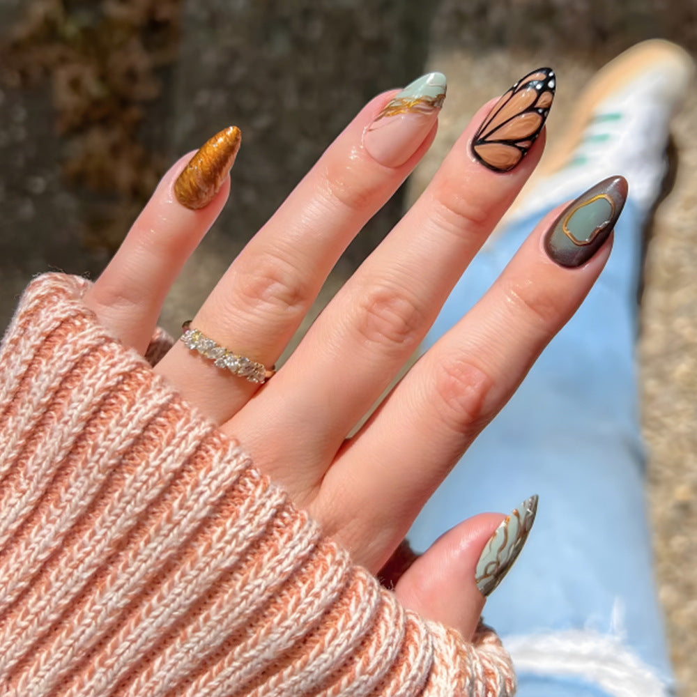 Botanical Elegance Medium Almond Shaped Multicolor Press On Nail Set Featuring Unique Artistry and Glossy Finish