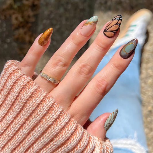 Botanical Elegance Medium Almond Shaped Multicolor Press On Nail Set Featuring Unique Artistry and Glossy Finish