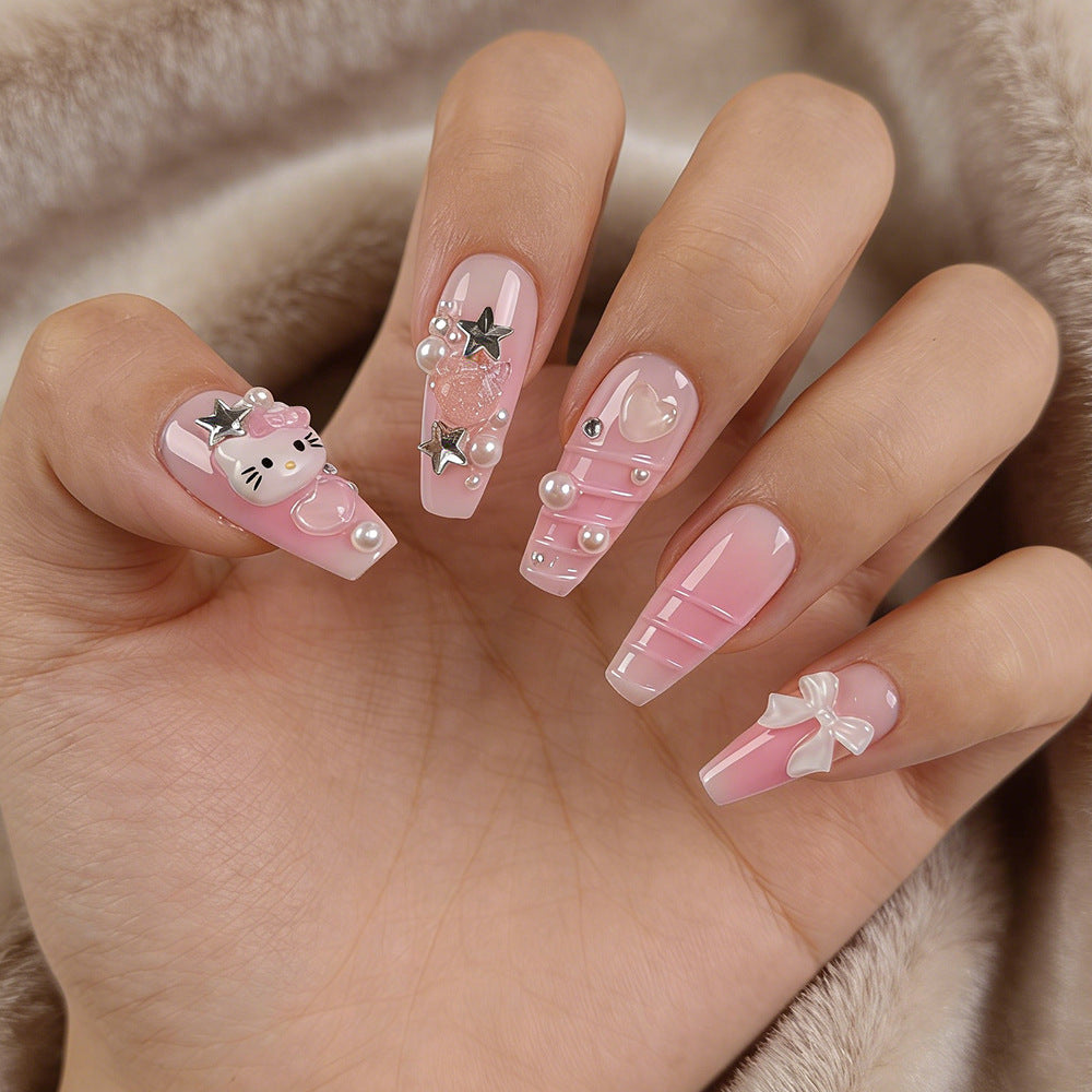 Whimsical Charm Long Coffin Pink Nail Set with Embellished Characters and Pearls