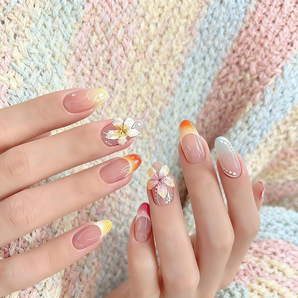 Tropical Paradise Long Almond Gradient Pink and Orange with Floral Accents Press On Nail Set