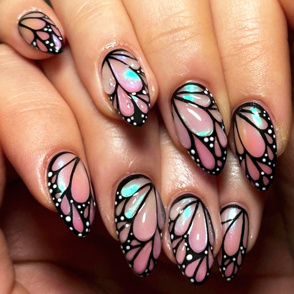 Butterfly Dream Medium Almond Pink and Black Iridescent Press on Nail Set