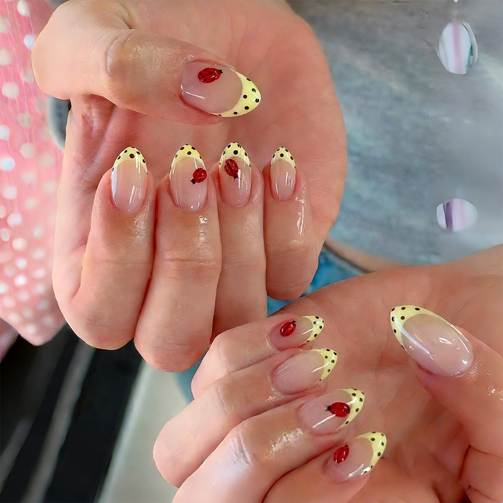 Ladybug Delight Medium Almond Yellow with Polka Dots and Gemstone Accent Press on Nail Set