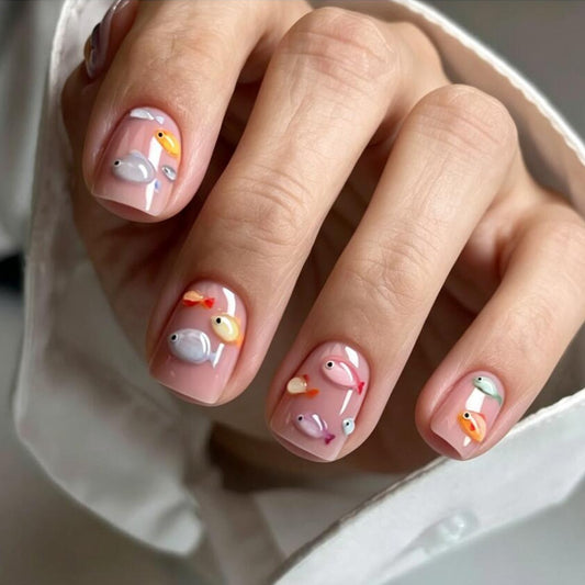Aquatic Delight Short Square Pink with Fish Design Press on Nail Set