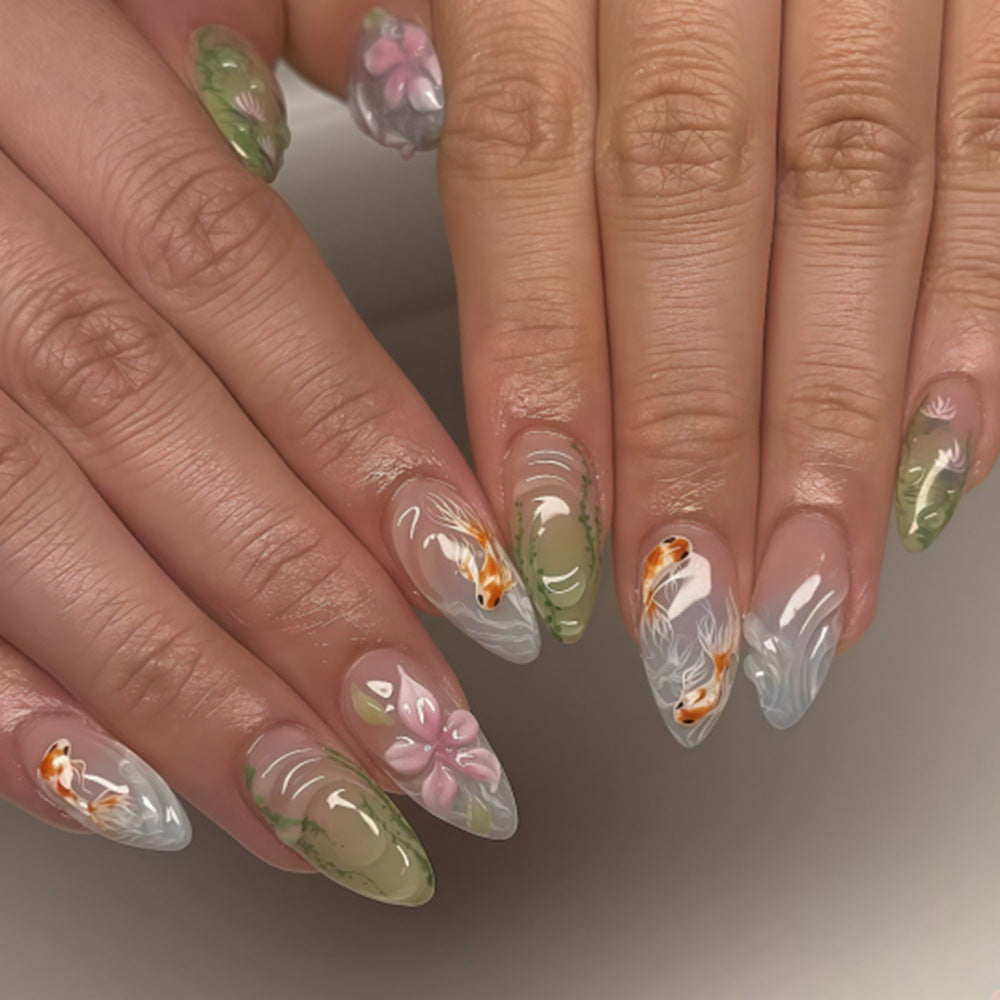 Whimsical Nature Inspired Medium Almond Green with Floral Art Press On Nail Set