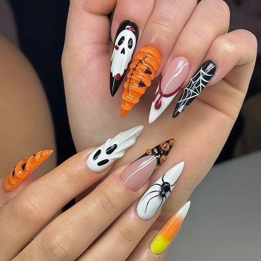 Spooky Long Stiletto Orange Halloween Nail Set with Unique Ghost and Spider Designs