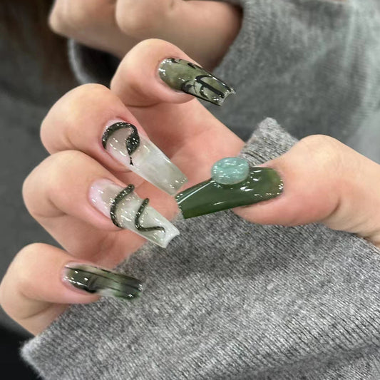 Enchanted Forest Long Coffin Green with Unique Decorative Stone Press on Nail Set