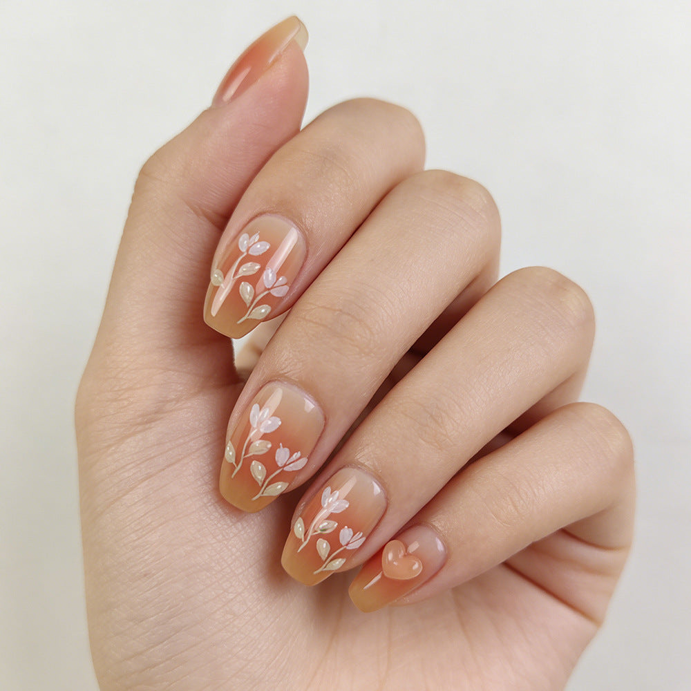 Blossom Dream Medium Coffin Beige with Floral Accents Press-On Nail Set
