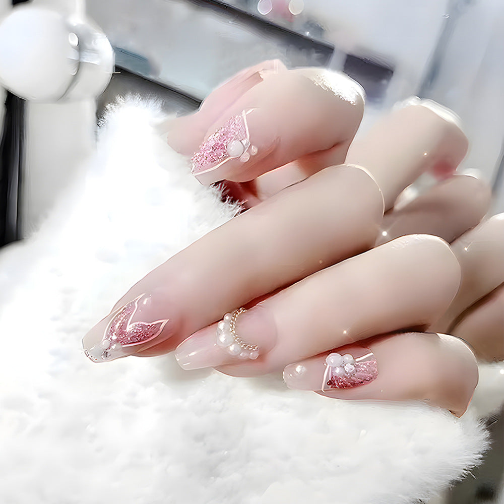 Fairy Tale Glamour Long Coffin Pink Pearl Embellished Press On Nail Set
