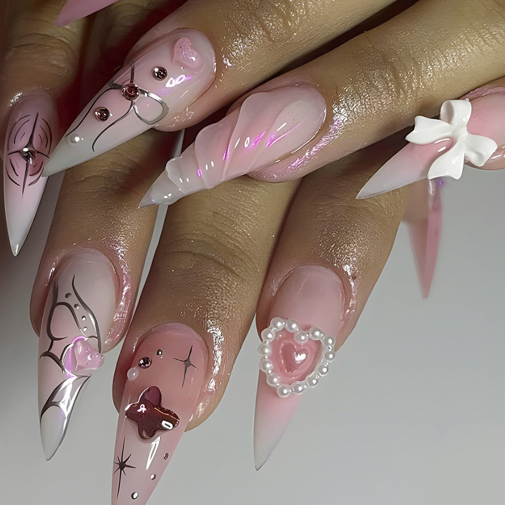 Dreamy Romance Long Stiletto Pink Press On Nail Set with Heart and Pearl Accents