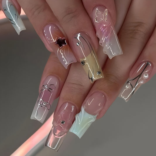 Dreamy Pastel Long Square Press On Nail Set with Colorful Gradient and Unique Gem Accents