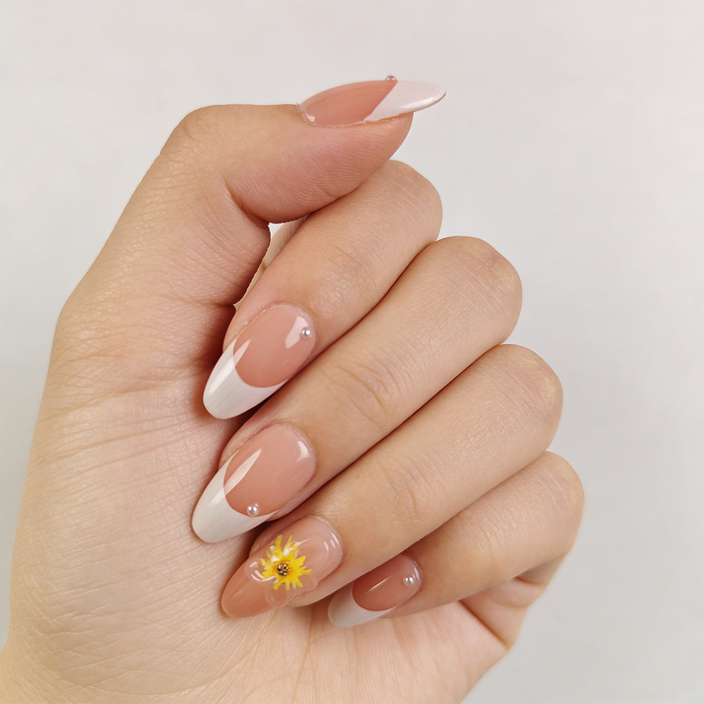 Blooming Elegance Medium Almond Beige and White Press On Nail Set with Stunning Floral Accent