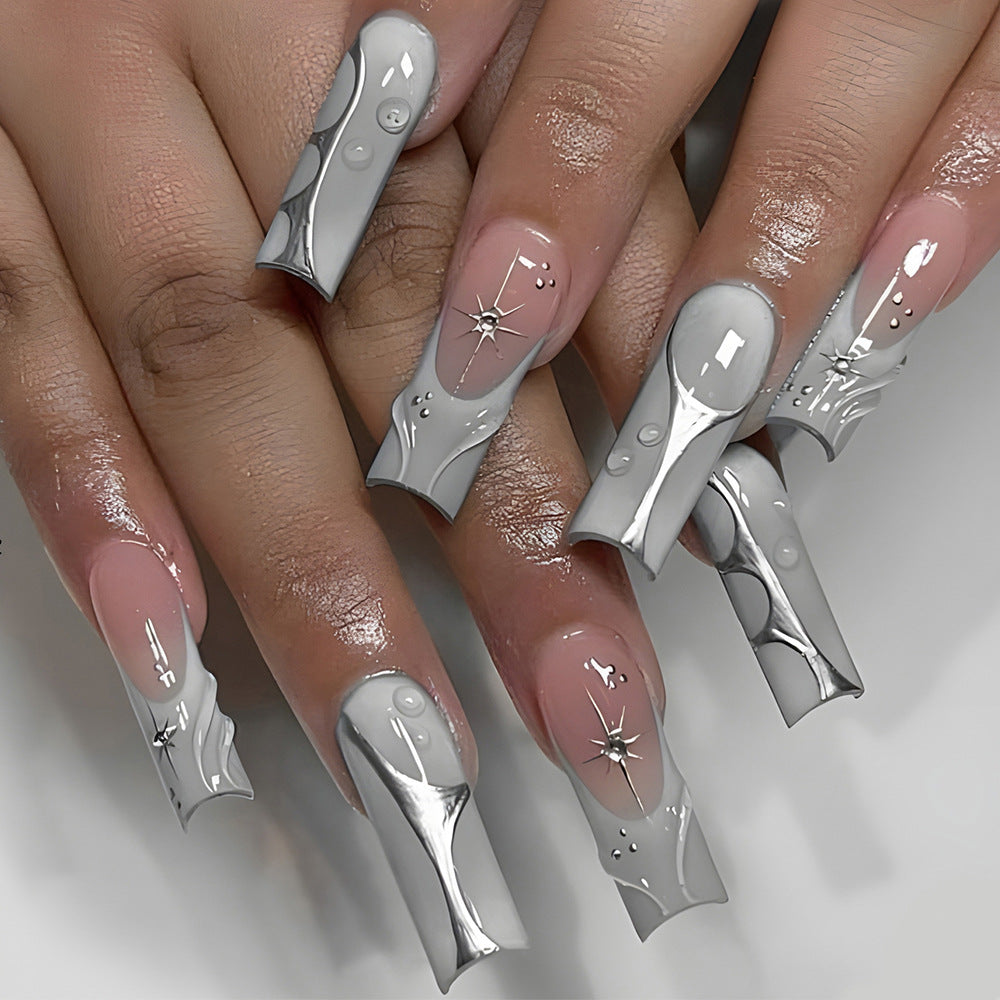 Galactic Glamour Long Square Gray Nail Set with Unique Liquid Design Feature